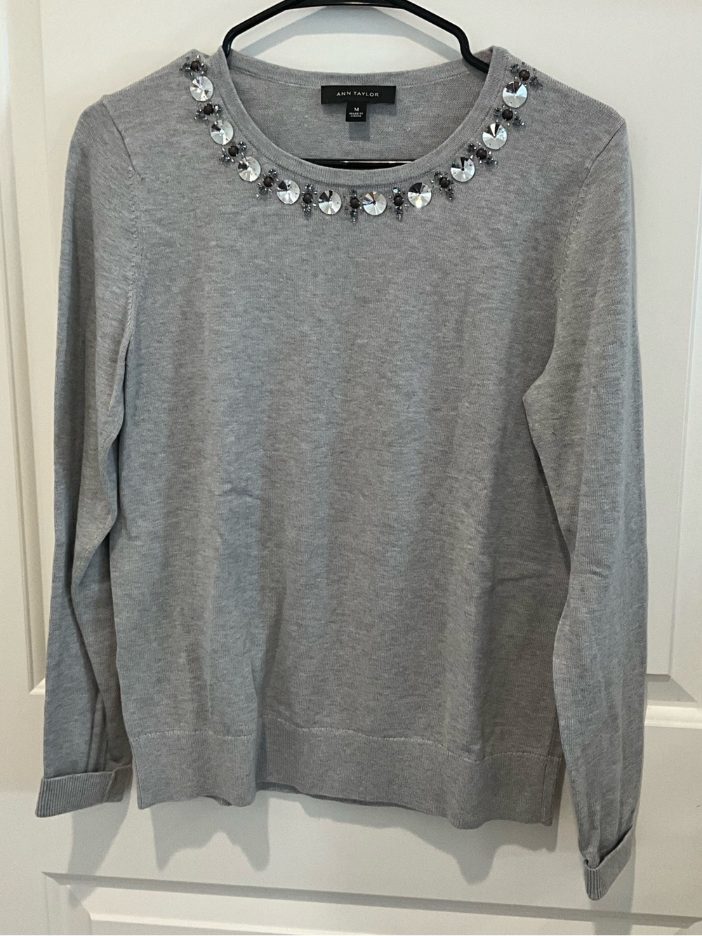 Ann Taylor Embellished Gray Sweater Medium | Jeweled Neck Long Sleeve Knit